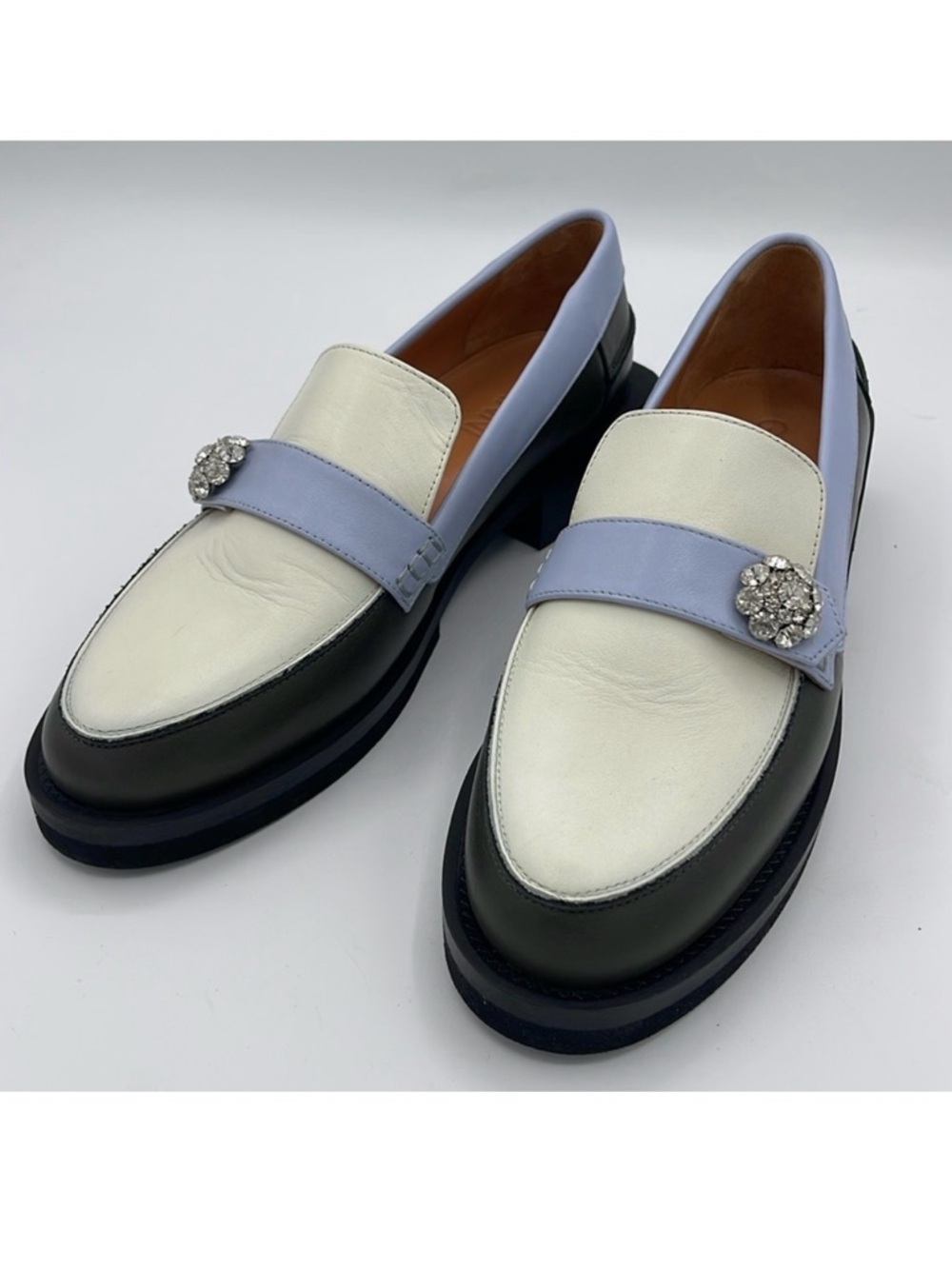 Ganni White, Black & Lavender Leather Loafers with Crystal Buckle EU39/US 9